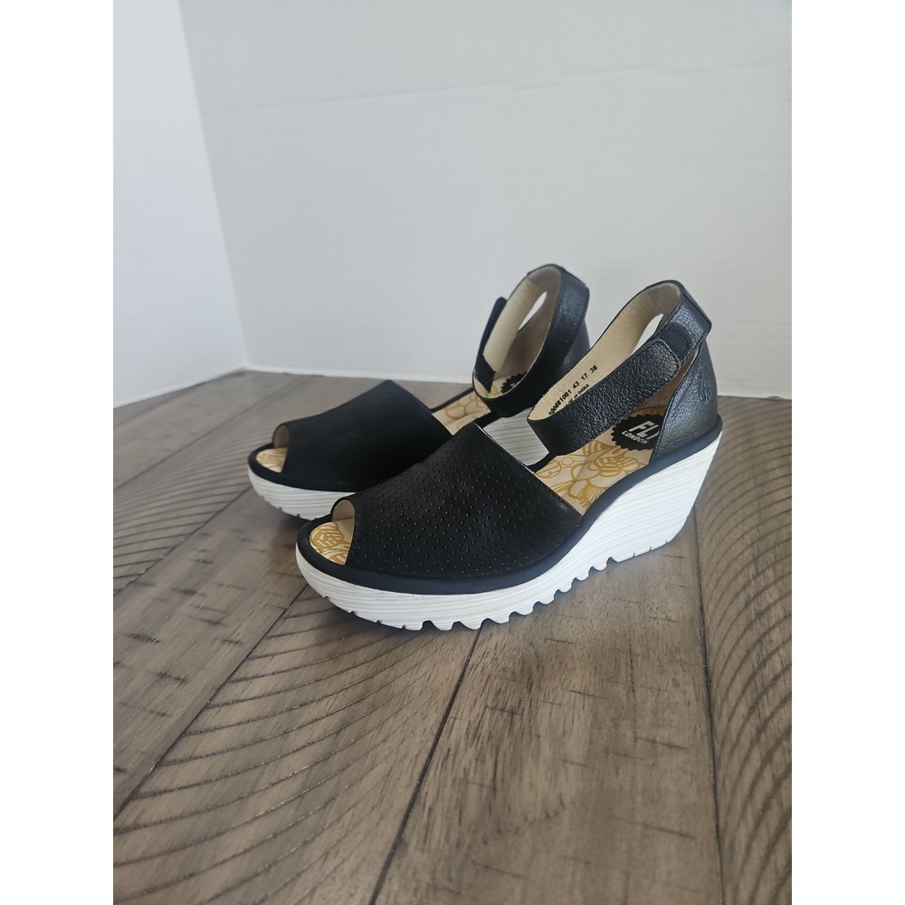 Fly London Yake Sandals 38 7.5 8 US Black Leather Wedge Heels Perforated Chic